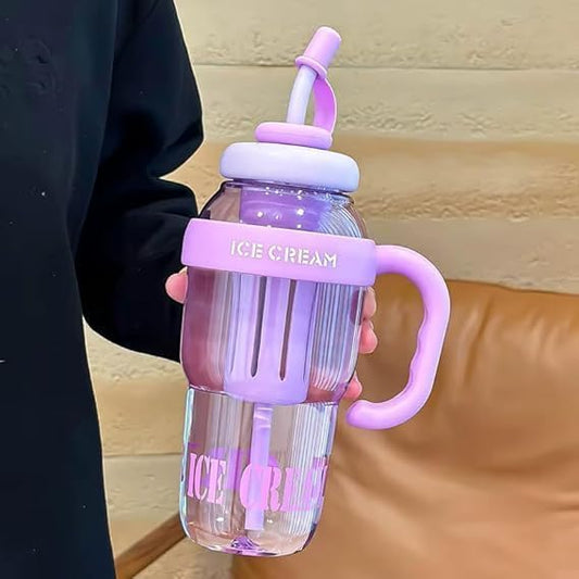 Pack of 2 – 1300ml Ice Cream Tumblers with Lid, Straw & Handle | Reusable Water Bottles for Kids