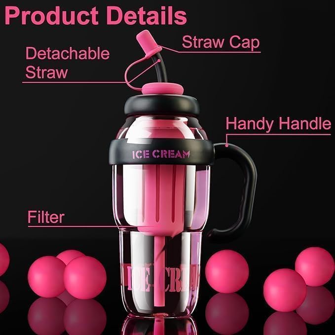Pack of 2 – 1300ml Ice Cream Tumblers with Lid, Straw & Handle | Reusable Water Bottles for Kids