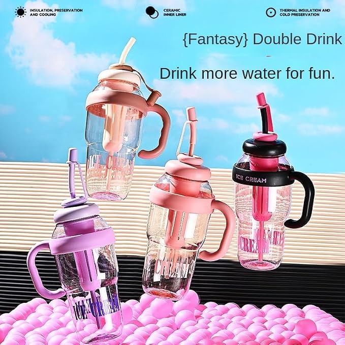 Pack of 2 – 1300ml Ice Cream Tumblers with Lid, Straw & Handle | Reusable Water Bottles for Kids