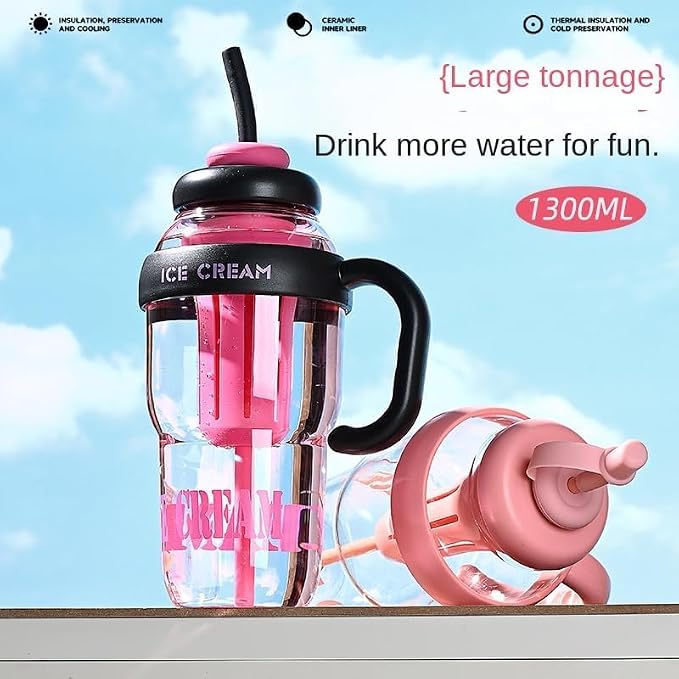 Pack of 2 – 1300ml Ice Cream Tumblers with Lid, Straw & Handle | Reusable Water Bottles for Kids