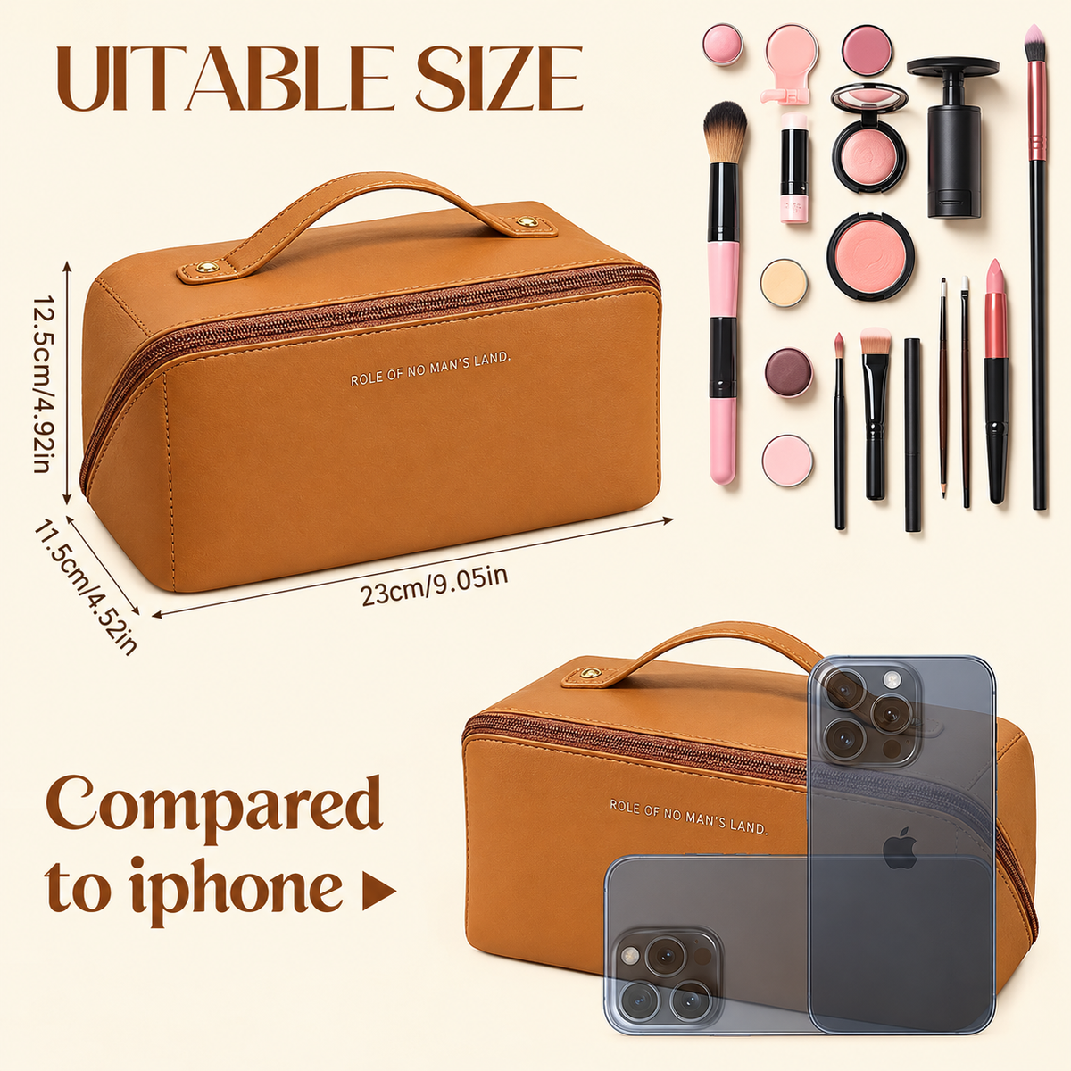 PU Leather Travel Makeup Bag, Large Capacity Cosmetic Organizer with Handle and Multiple Compartments