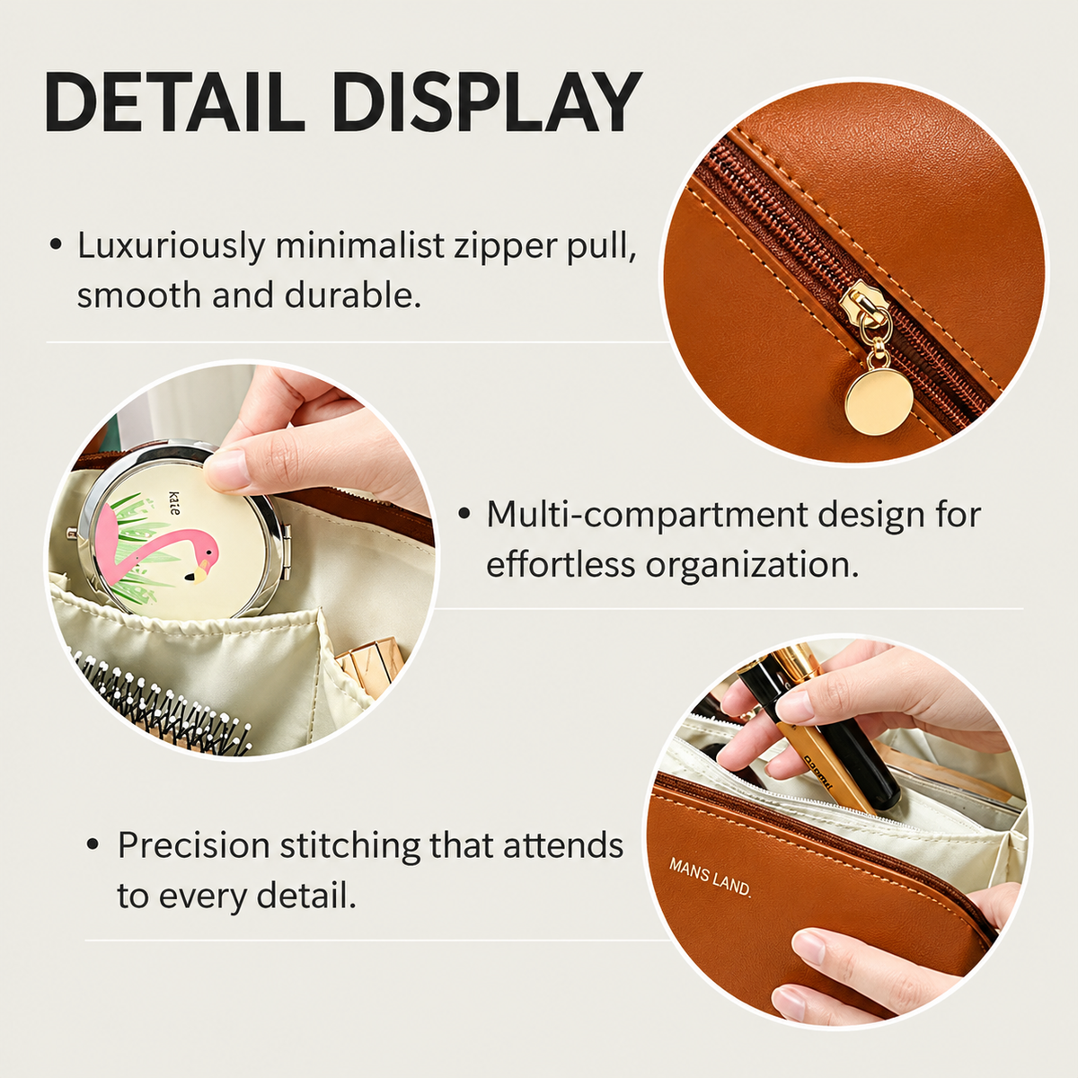 PU Leather Travel Makeup Bag, Large Capacity Cosmetic Organizer with Handle and Multiple Compartments