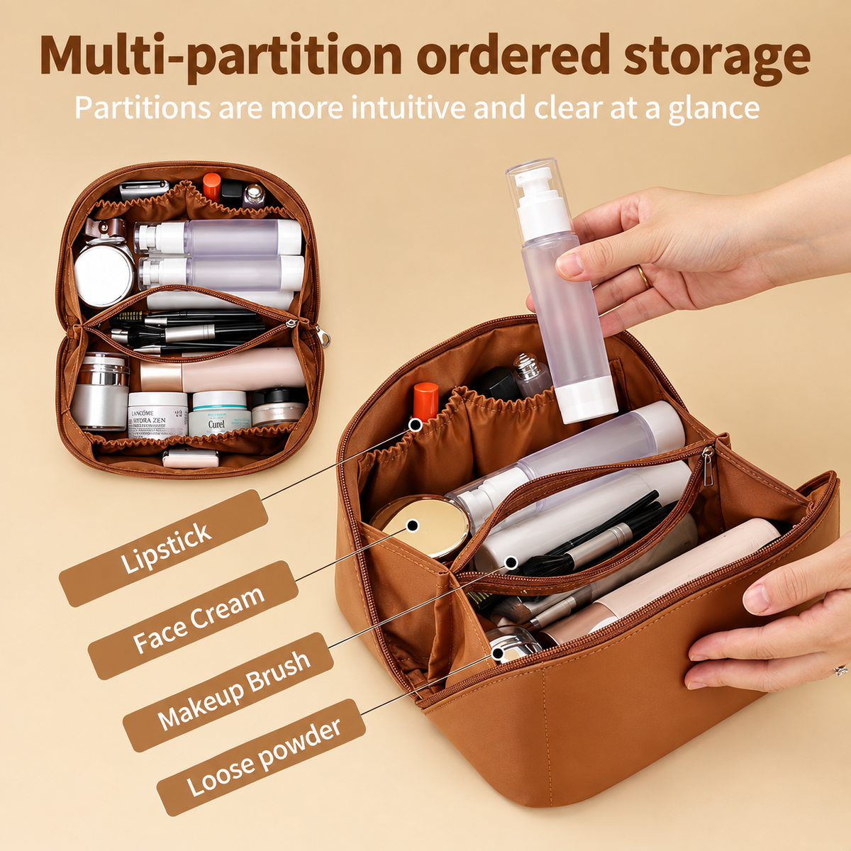 PU Leather Travel Makeup Bag, Large Capacity Cosmetic Organizer with Handle and Multiple Compartments