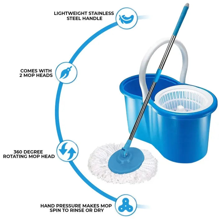 Magic Spin Mop with Bucket | 360° Spin | Adjustable Handle | 2 Mop Heads