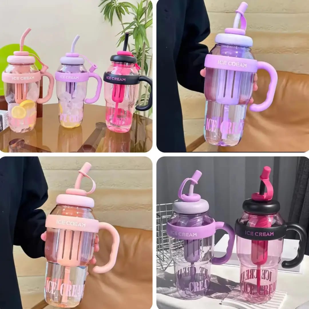 Pack of 2 – 1300ml Ice Cream Tumblers with Lid, Straw & Handle | Reusable Water Bottles for Kids